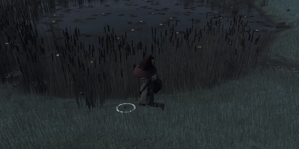 The walker passing a tall stand of reeds and cattails beside the pond at night